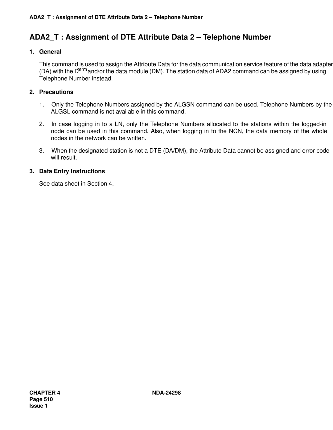 NEC NDA-24298 manual ADA2T Assignment of DTE Attribute Data 2 Telephone Number, Telephone Number instead 