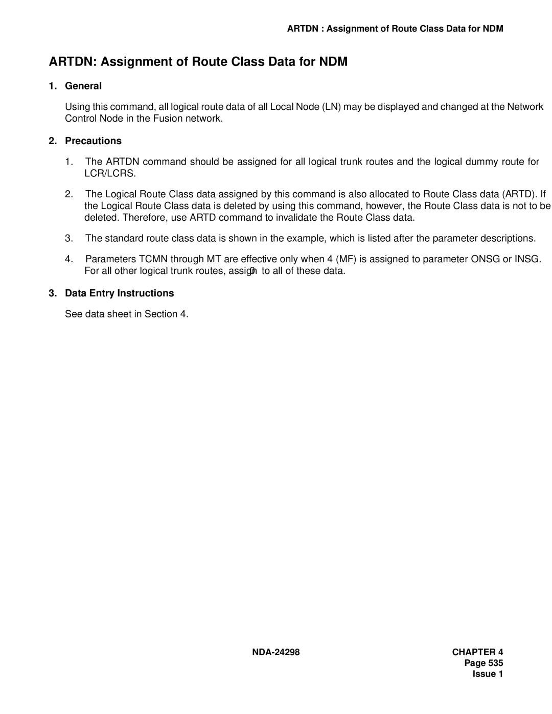 NEC NDA-24298 manual Artdn Assignment of Route Class Data for NDM 