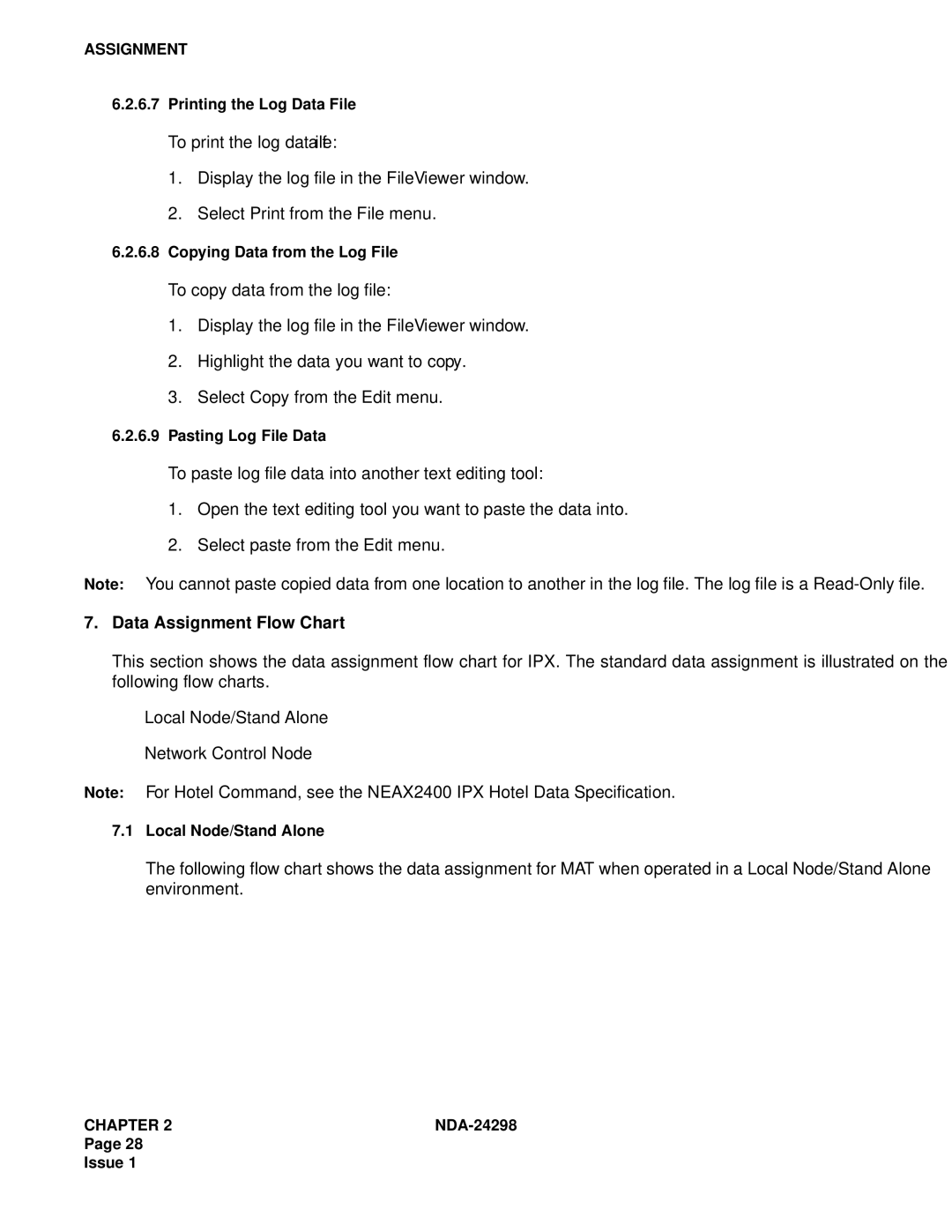 NEC NDA-24298 Printing the Log Data File, Copying Data from the Log File, Pasting Log File Data, Local Node/Stand Alone 