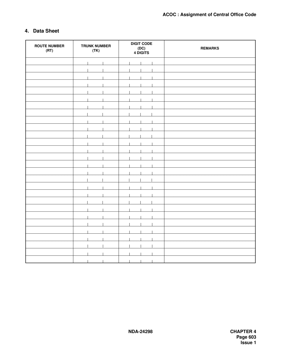 NEC NDA-24298 manual Route Number Trunk Number Digit Code Digits Remarks 