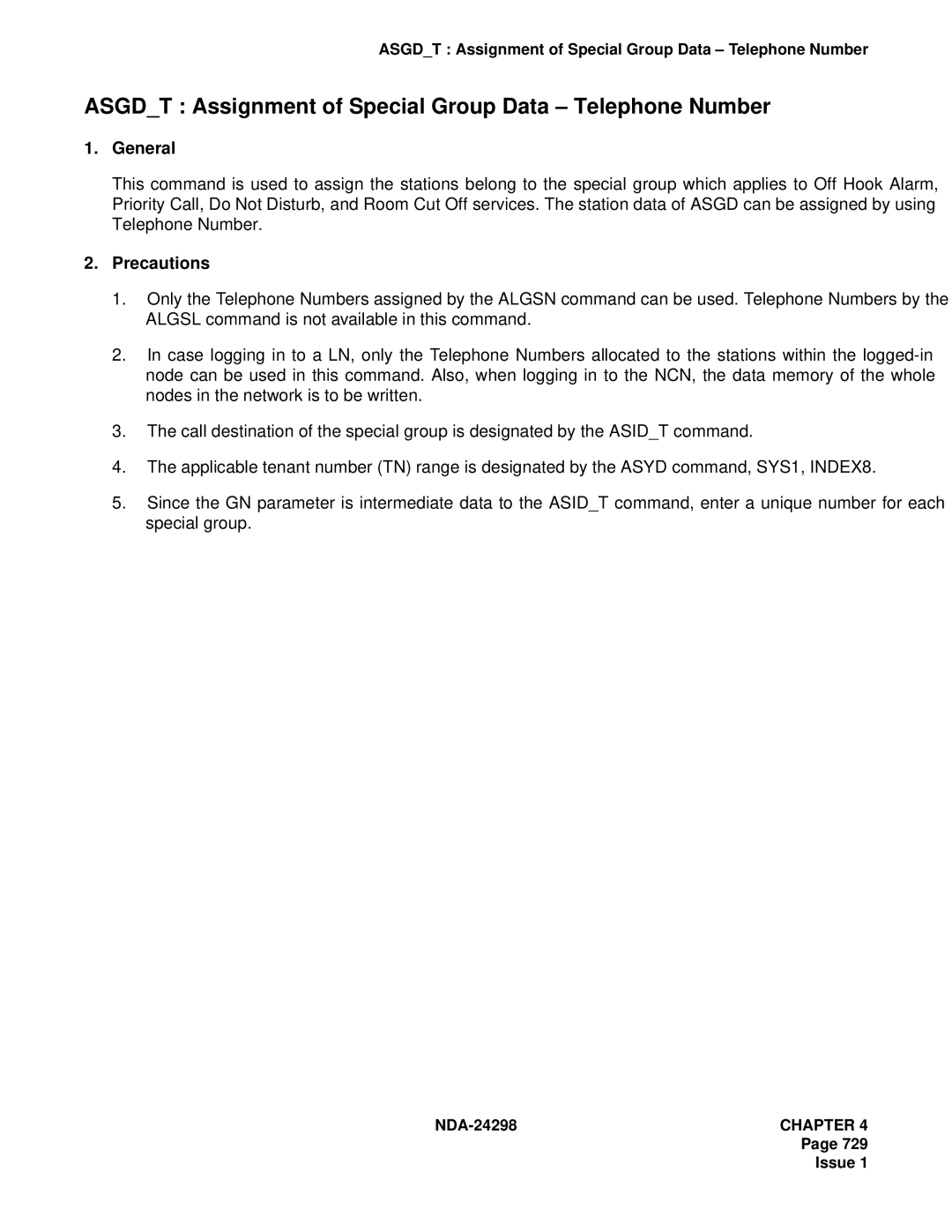 NEC NDA-24298 manual Asgdt Assignment of Special Group Data Telephone Number 