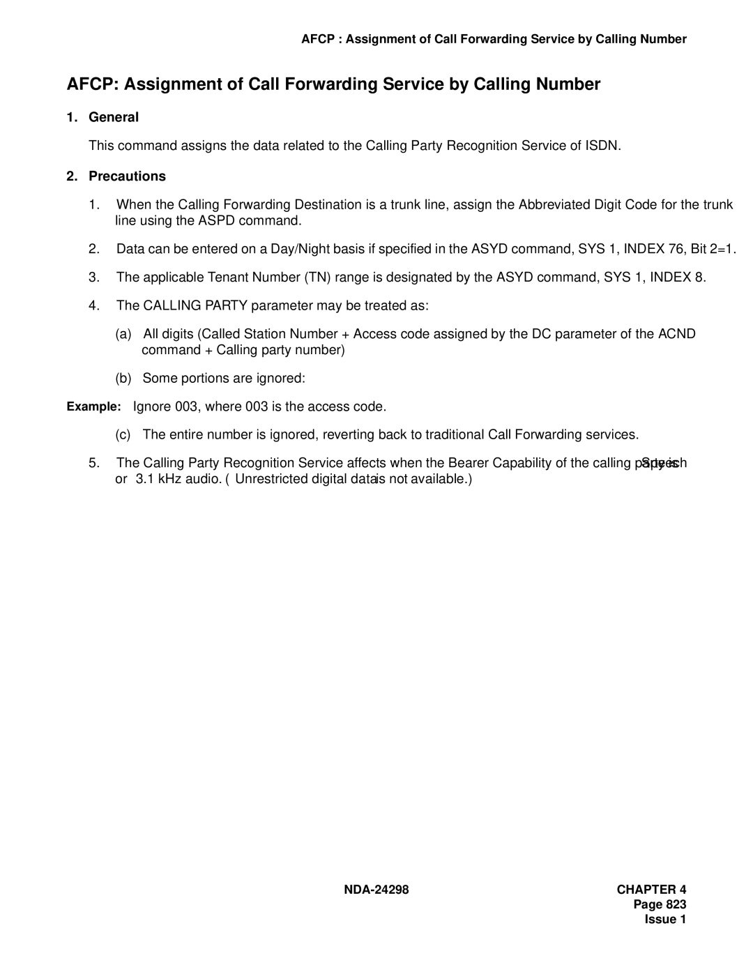 NEC NDA-24298 manual Afcp Assignment of Call Forwarding Service by Calling Number 