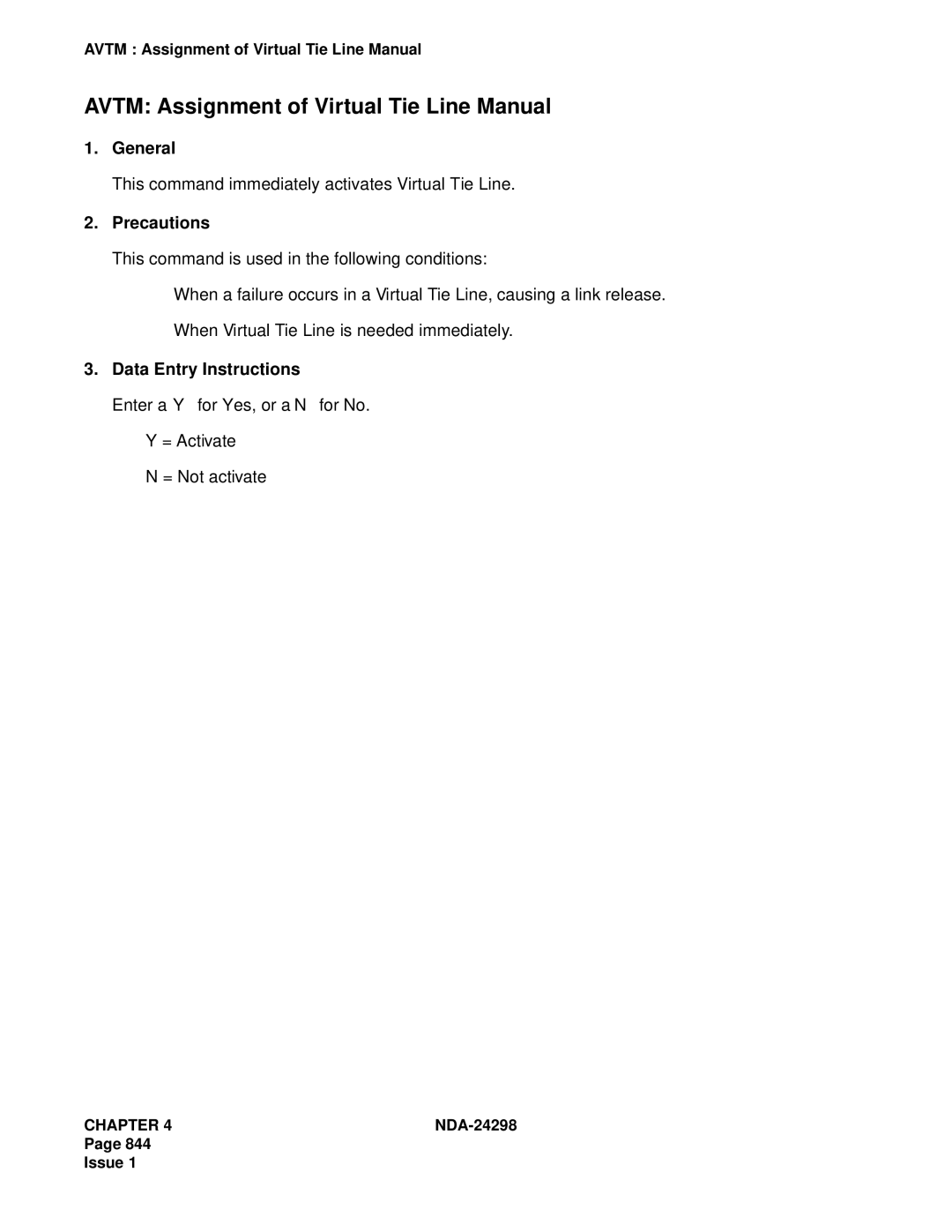 NEC NDA-24298 manual Avtm Assignment of Virtual Tie Line Manual, This command immediately activates Virtual Tie Line 