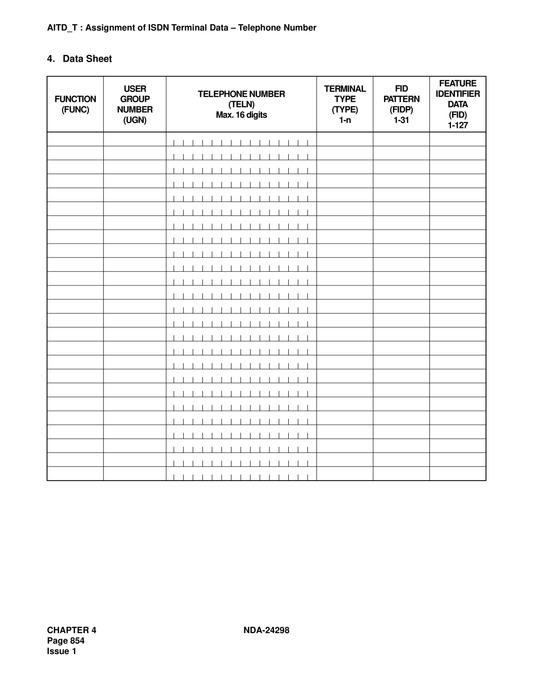 NEC NDA-24298 manual Function User Group Number UGN Telephone Number Teln, Terminal Type Type FID Pattern Fidp 