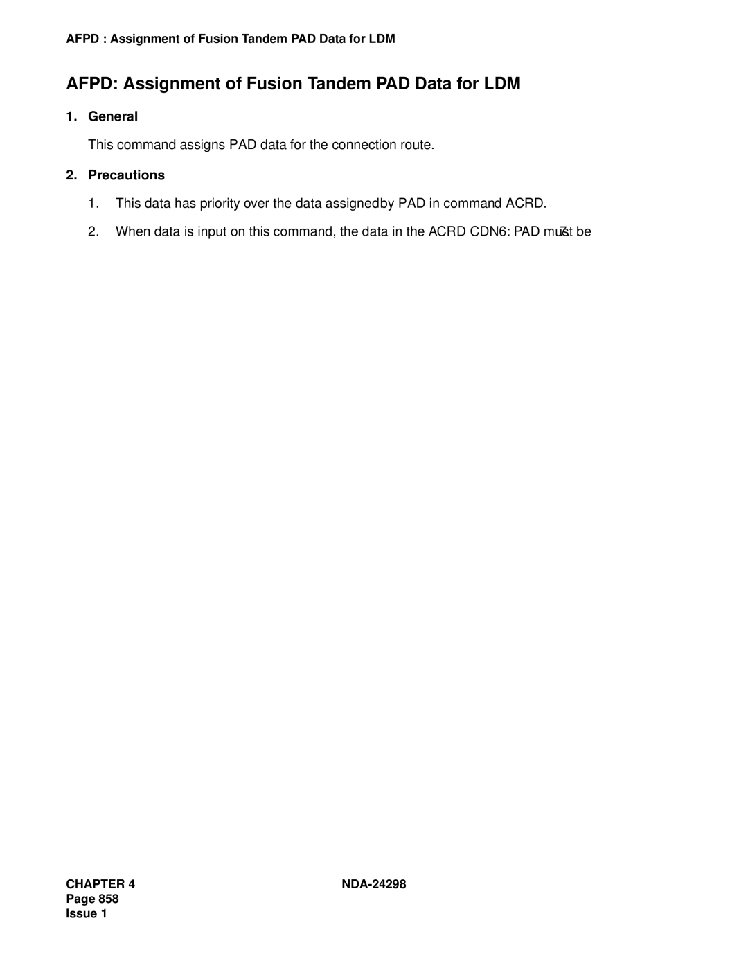 NEC NDA-24298 Afpd Assignment of Fusion Tandem PAD Data for LDM, This command assigns PAD data for the connection route 