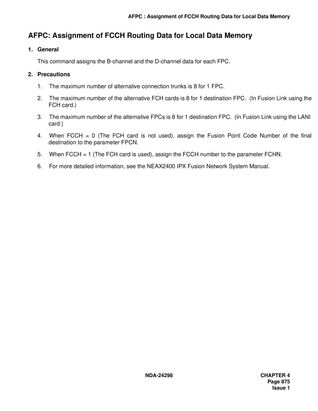 NEC NDA-24298 manual Afpc Assignment of Fcch Routing Data for Local Data Memory 