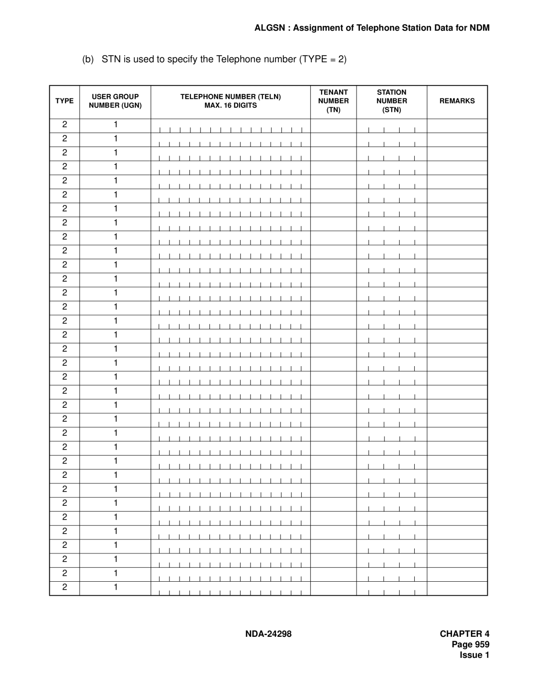 NEC NDA-24298 manual STN is used to specify the Telephone number Type = 