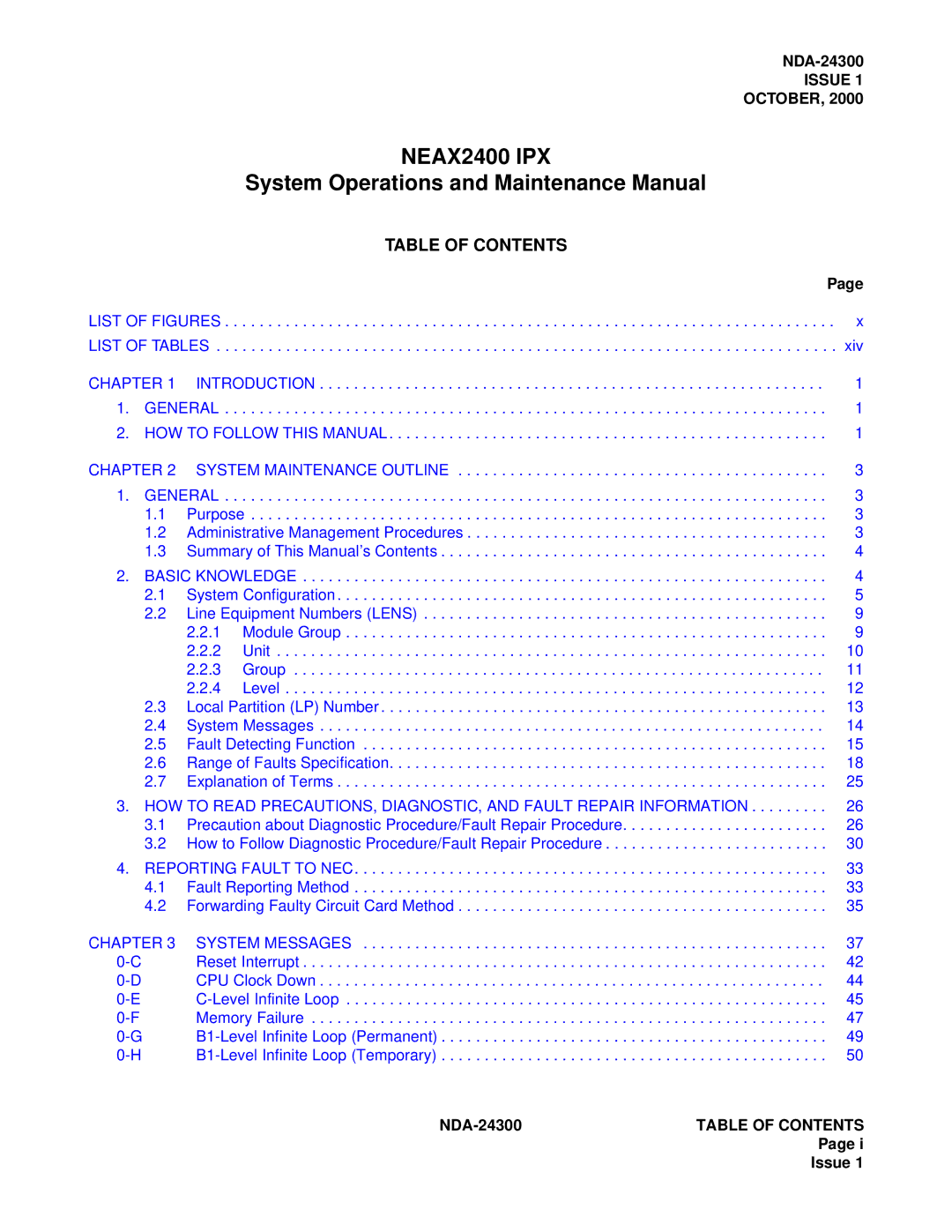 NEC NDA-24300 manual System Operations and Maintenance Manual, Table of Contents 