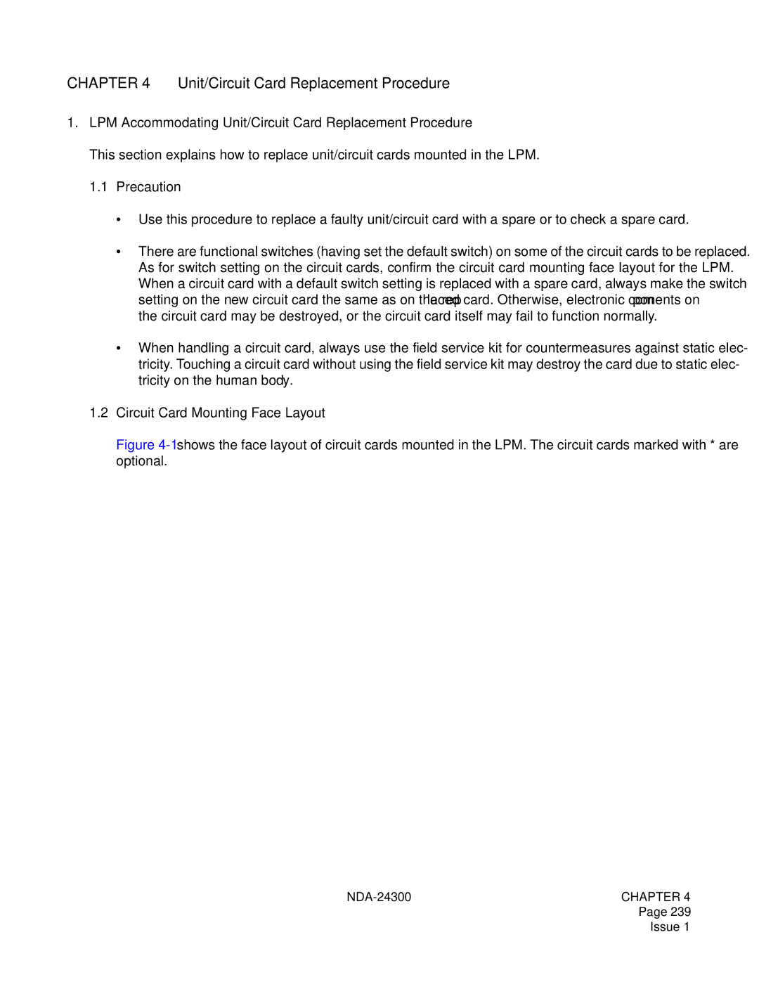 NEC NDA-24300 LPM Accommodating Unit/Circuit Card Replacement Procedure, Precaution, Circuit Card Mounting Face Layout 