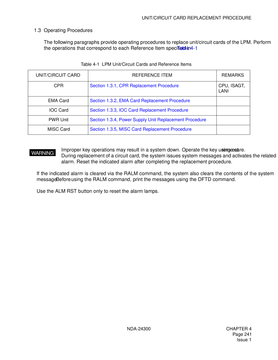 NEC NDA-24300 manual Operating Procedures, UNIT/CIRCUIT Card Reference Item Remarks 