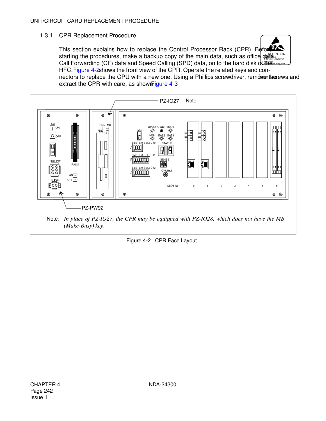 NEC NDA-24300 manual CPR Replacement Procedure, PZ-IO27 Note 