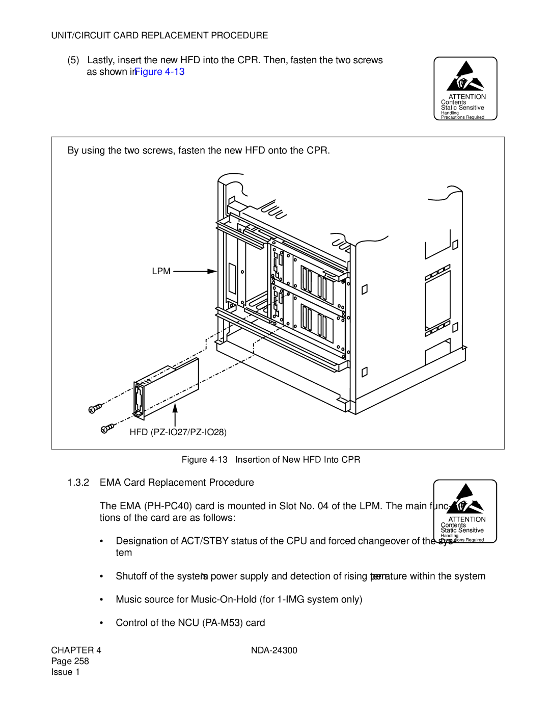 NEC NDA-24300 manual EMA Card Replacement Procedure, Insertion of New HFD Into CPR 