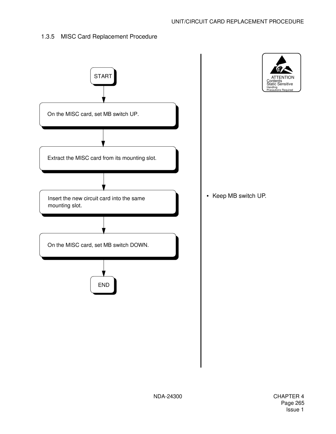 NEC NDA-24300 manual Misc Card Replacement Procedure, Keep MB switch UP 