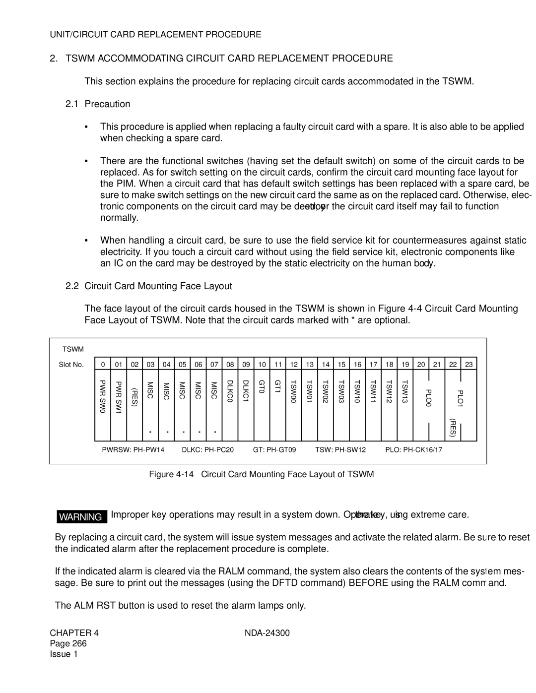 NEC NDA-24300 Tswm Accommodating Circuit Card Replacement Procedure, ALM RST button is used to reset the alarm lamps only 