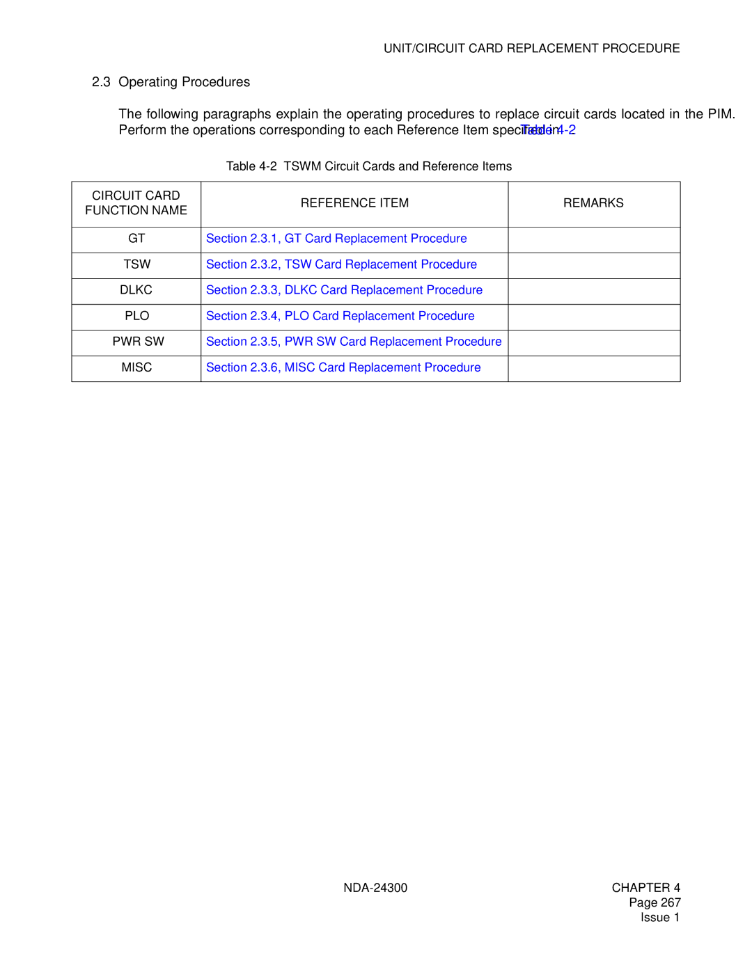 NEC NDA-24300 manual Operating Procedures, Circuit Card Reference Item Remarks Function Name 