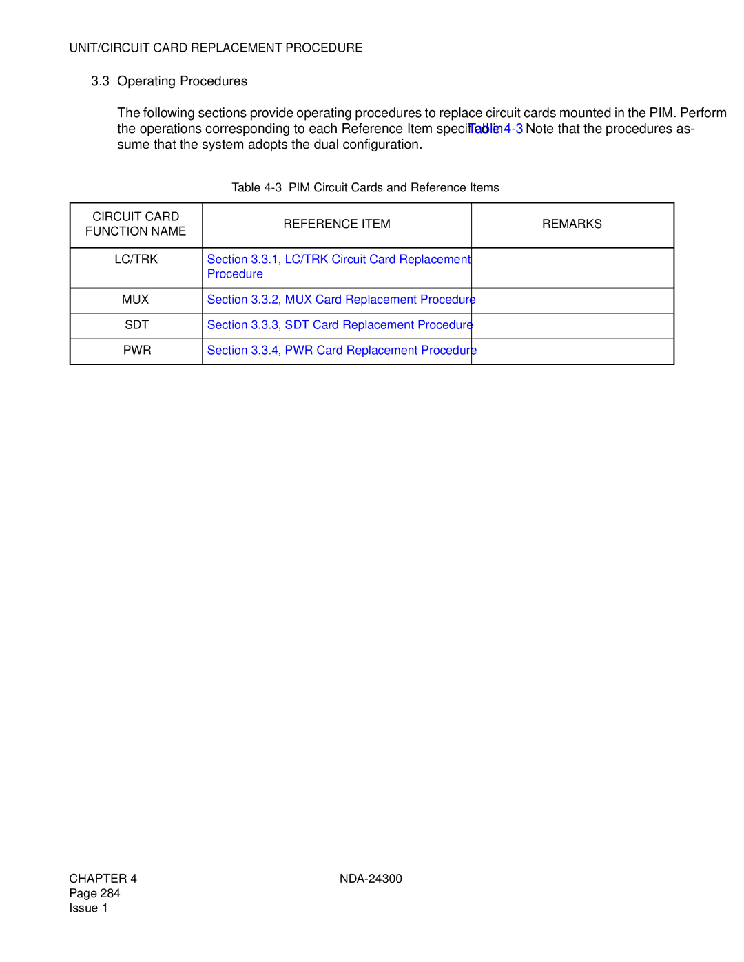 NEC NDA-24300 manual Circuit Card Reference Item Remarks Function Name 