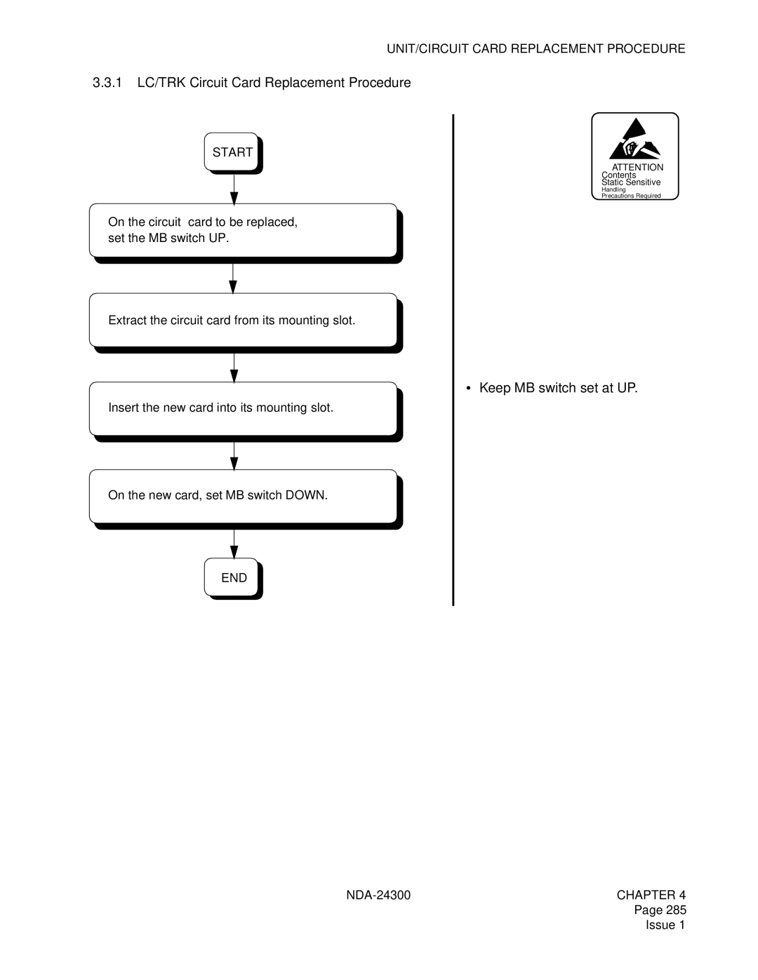 NEC NDA-24300 manual 1 LC/TRK Circuit Card Replacement Procedure, Keep MB switch set at UP 