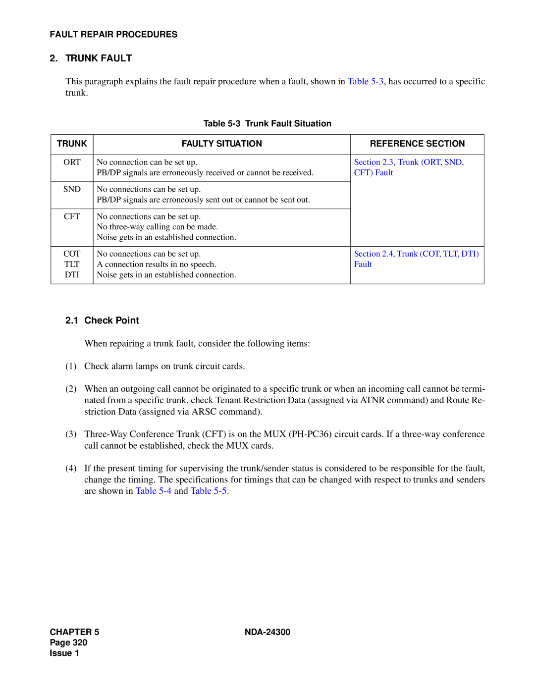 NEC NDA-24300 manual Trunk Faulty Situation Reference Section 