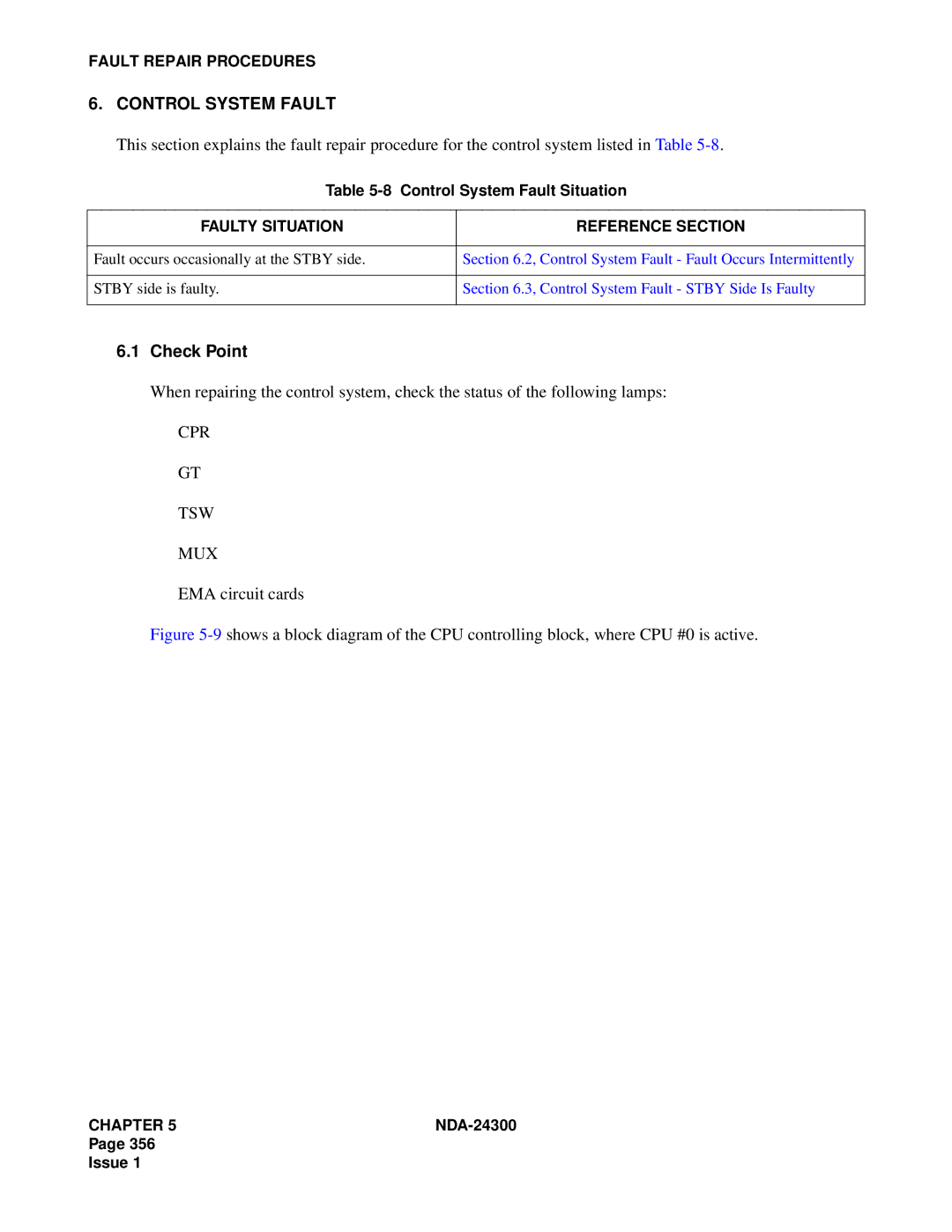 NEC NDA-24300 manual Control System Fault, Cpr Tsw Mux, EMA circuit cards 