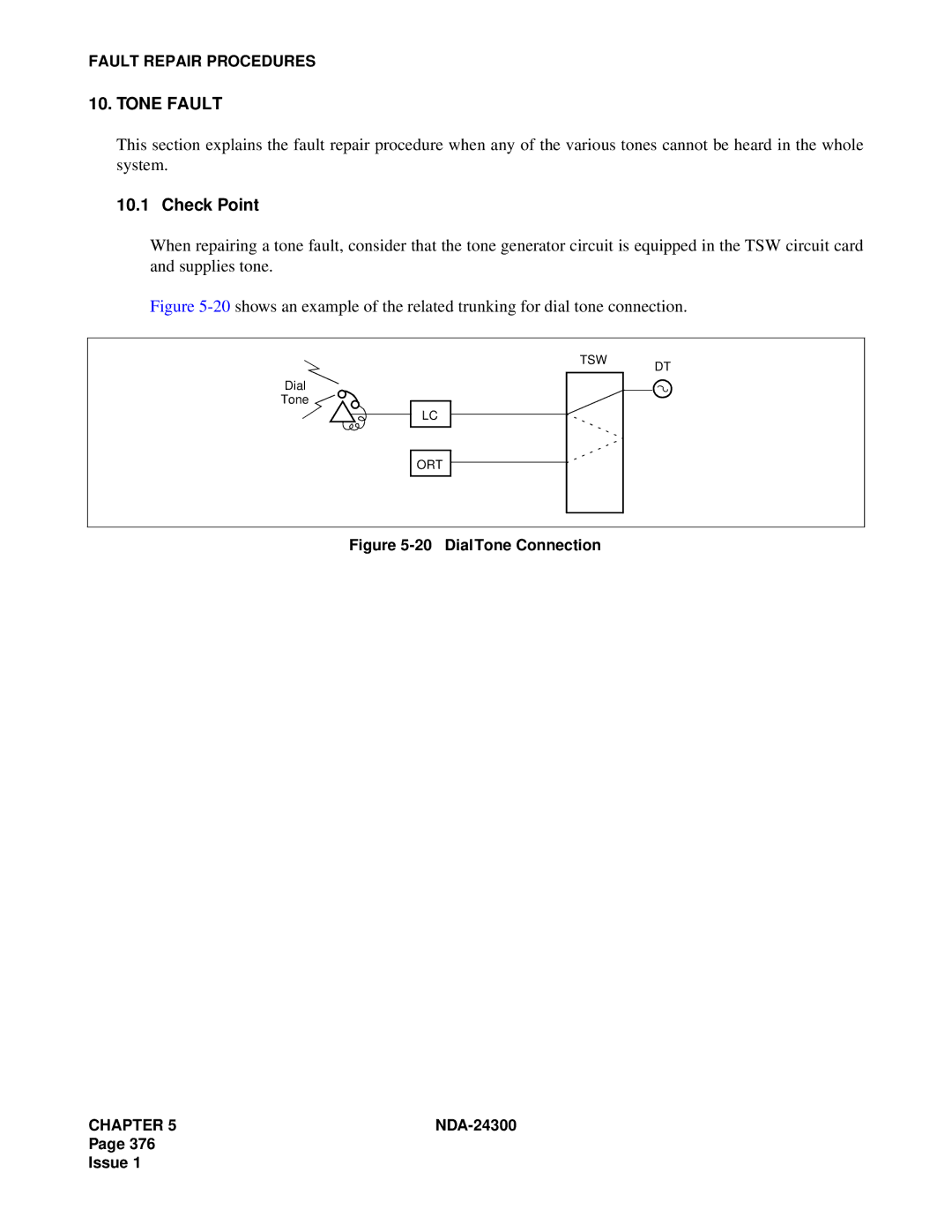 NEC NDA-24300 manual Tone Fault, Dial Tone Connection 