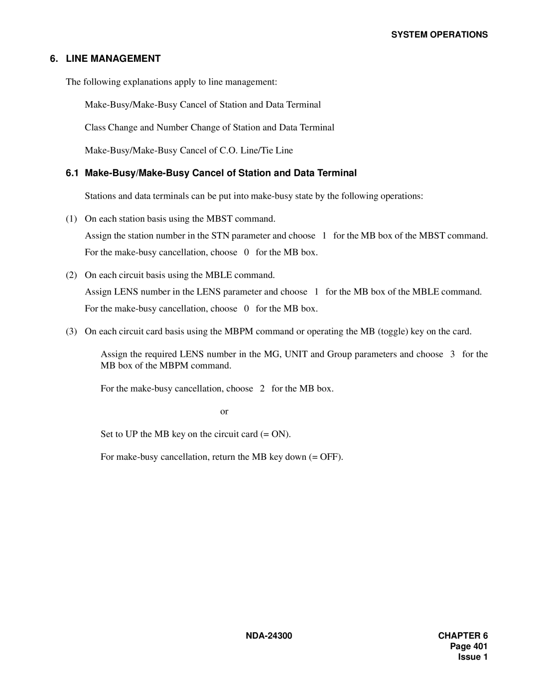 NEC NDA-24300 manual Line Management, Make-Busy/Make-Busy Cancel of Station and Data Terminal 