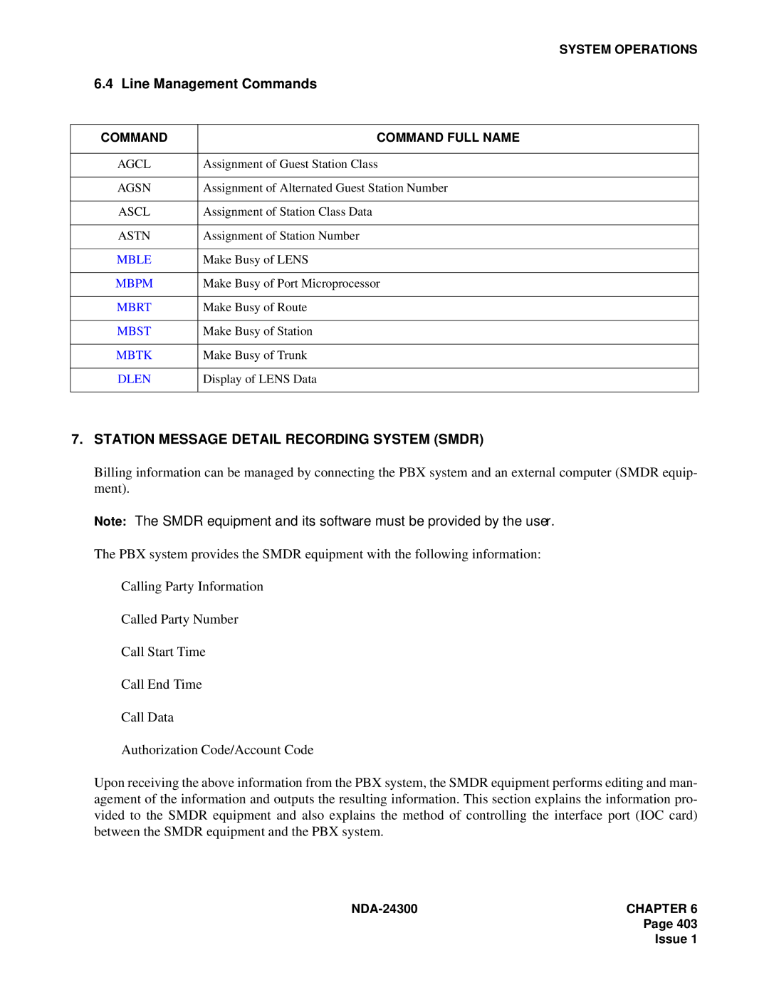 NEC NDA-24300 manual Line Management Commands, Station Message Detail Recording System Smdr 