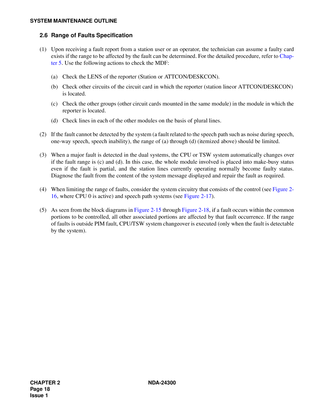 NEC NDA-24300 manual Range of Faults Specification 