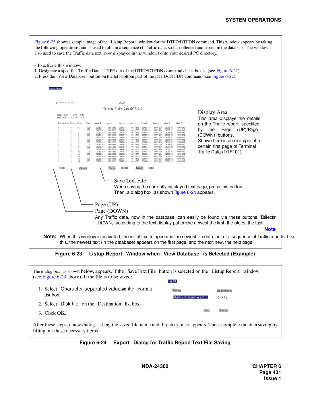 NEC NDA-24300 manual Display Area, Save Text File, Down 