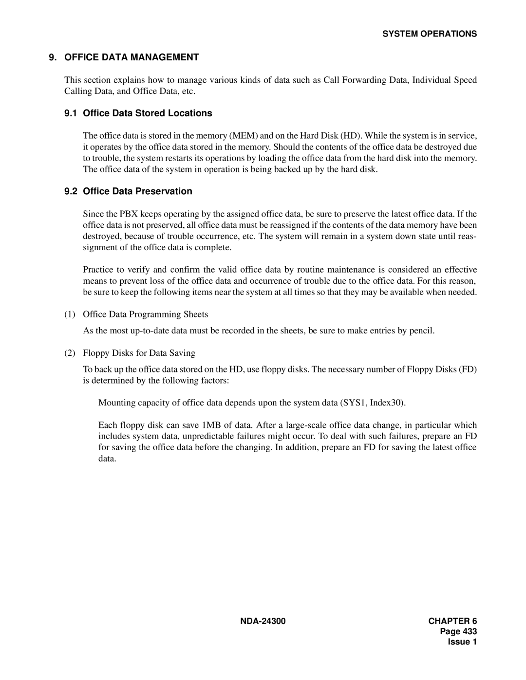 NEC NDA-24300 manual Office Data Management, Office Data Stored Locations, Office Data Preservation 