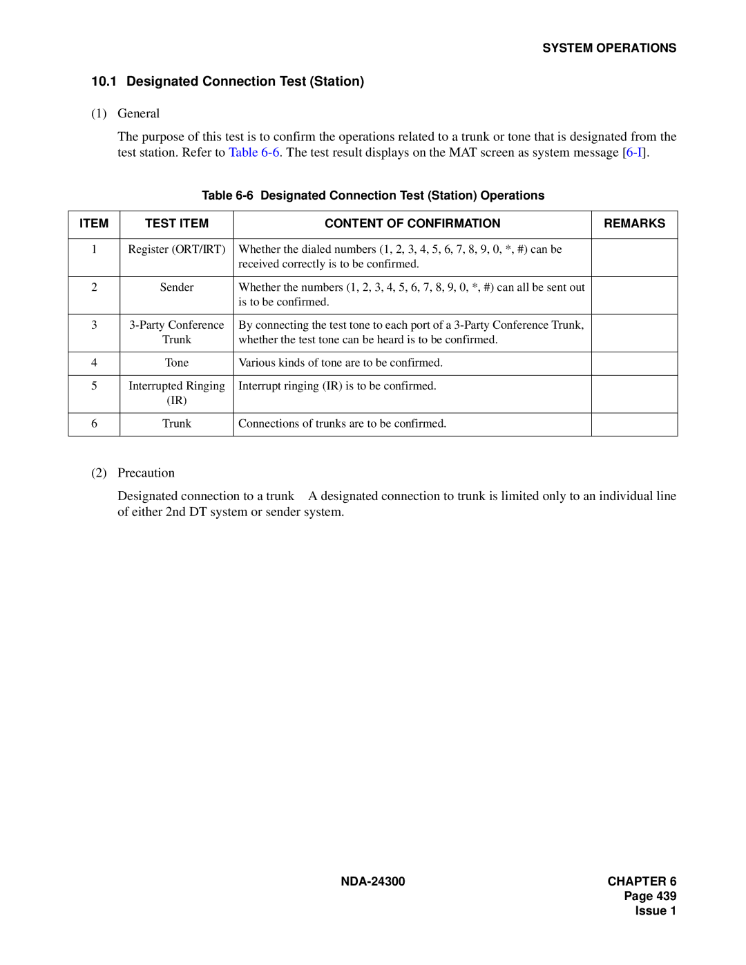 NEC NDA-24300 manual Designated Connection Test Station, Test Item Content of Confirmation Remarks 