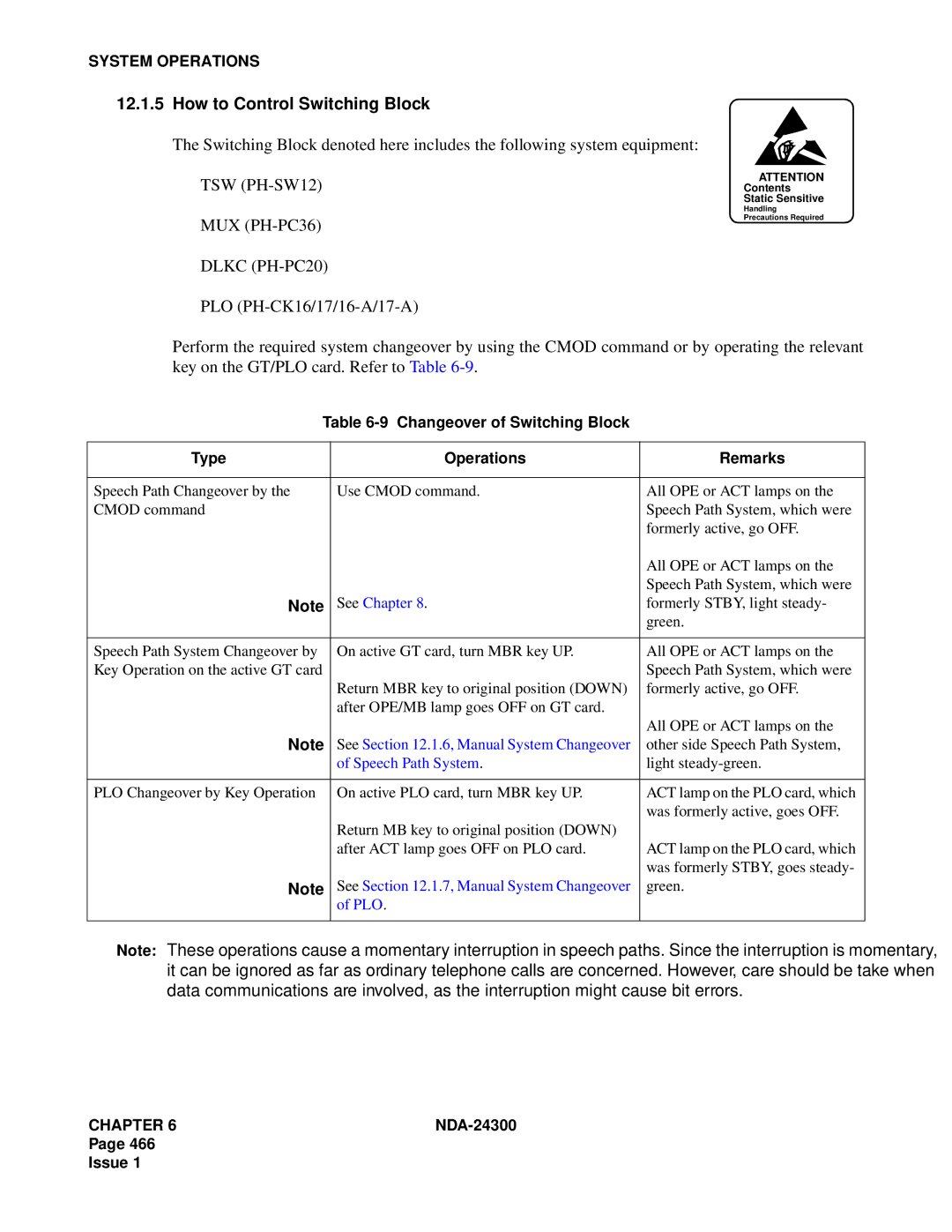 NEC NDA-24300 manual How to Control Switching Block, Changeover of Switching Block Type Operations Remarks 