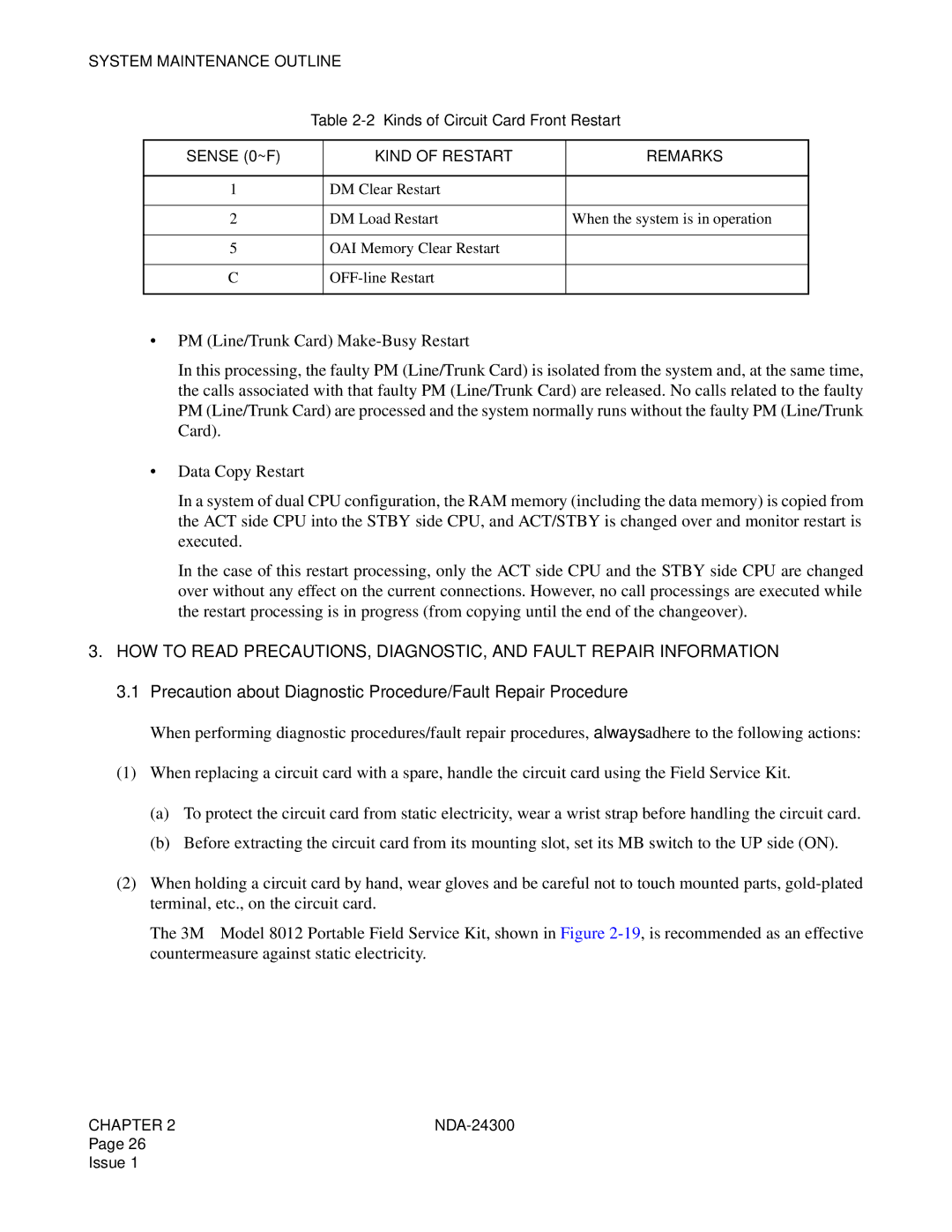 NEC NDA-24300 manual Precaution about Diagnostic Procedure/Fault Repair Procedure, Sense 0~F Kind of Restart Remarks 