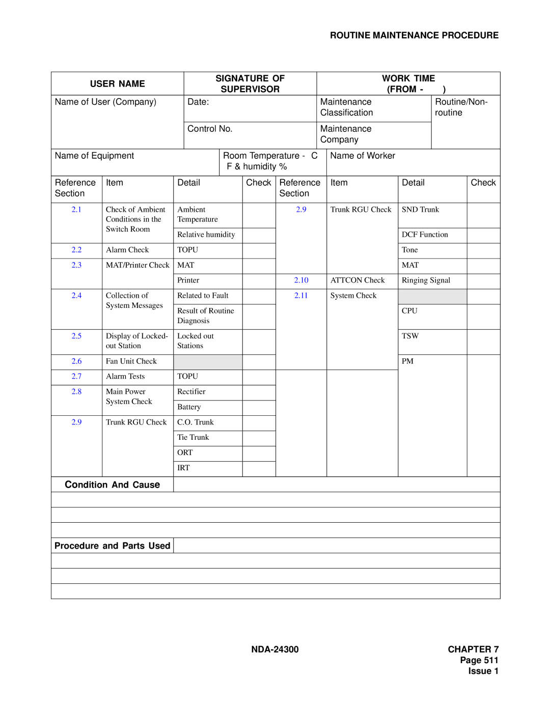 NEC NDA-24300 manual Condition And Cause Procedure and Parts Used 