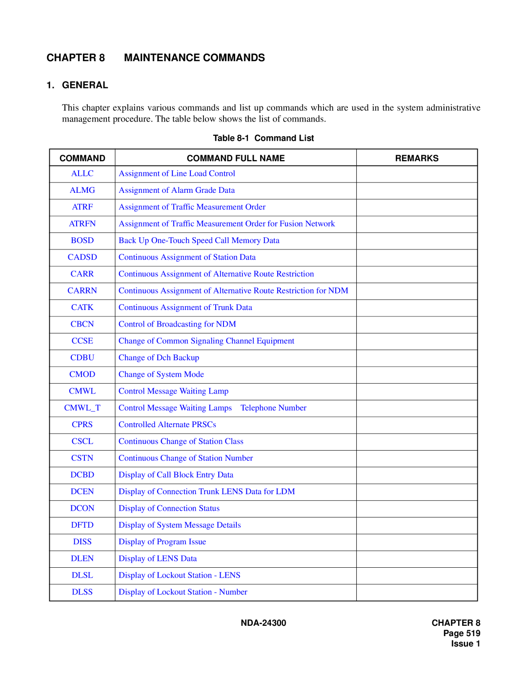 NEC NDA-24300 manual Maintenance Commands 