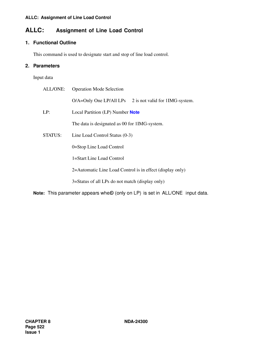 NEC NDA-24300 manual Allc Assignment of Line Load Control, Functional Outline, Parameters 