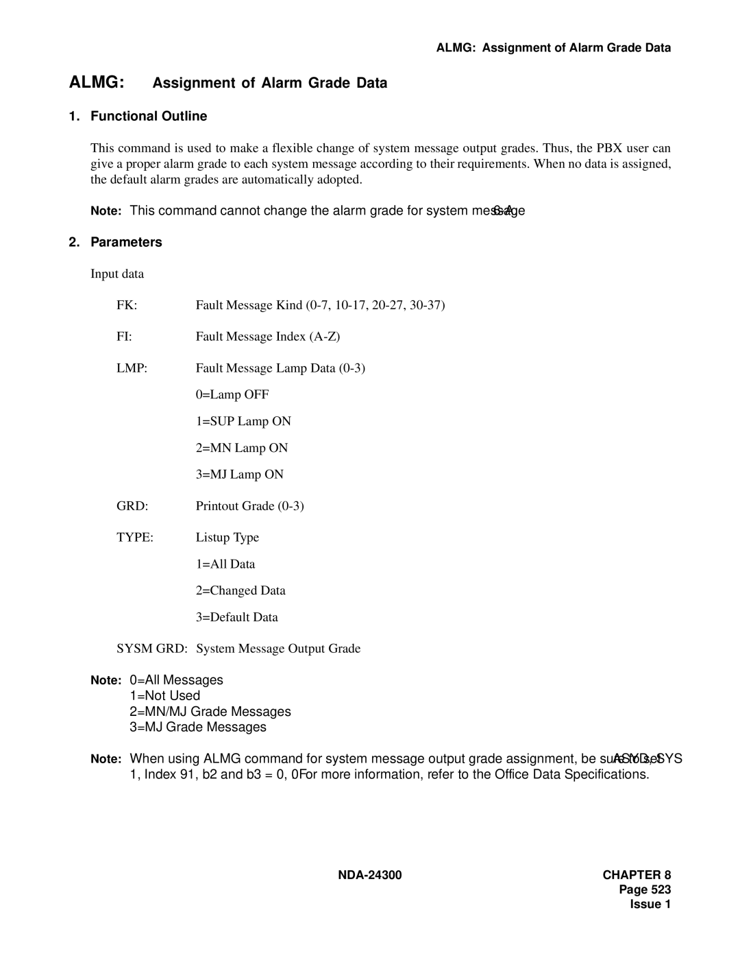 NEC NDA-24300 manual Almg Assignment of Alarm Grade Data, Lmp, Grd, Type 