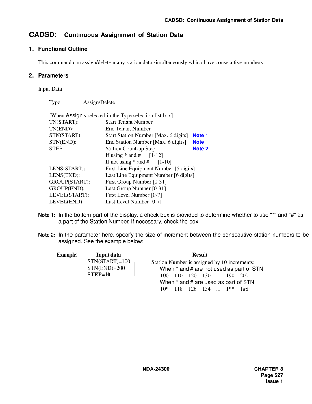 NEC NDA-24300 manual Cadsd Continuous Assignment of Station Data, Example Input data, STNEND=200, Result 