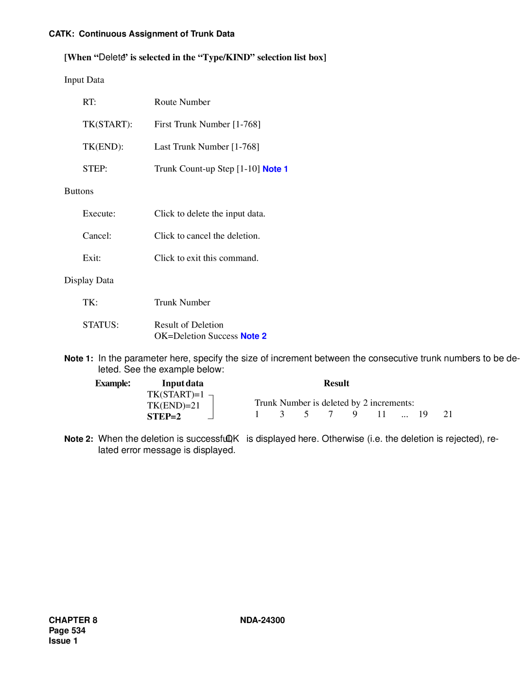 NEC NDA-24300 manual When Delete is selected in the Type/KIND selection list box, Tkstart, Tkend 