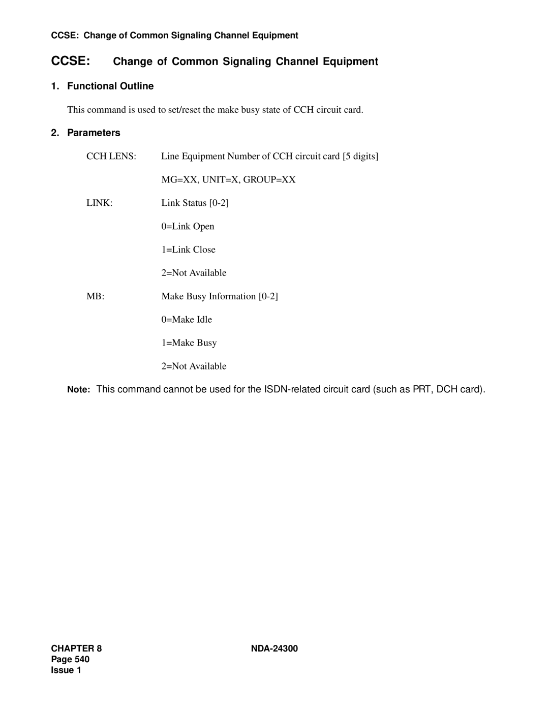 NEC NDA-24300 manual Ccse Change of Common Signaling Channel Equipment, CCH Lens, Mg=Xx, Unit=X, Group=Xx, Link 