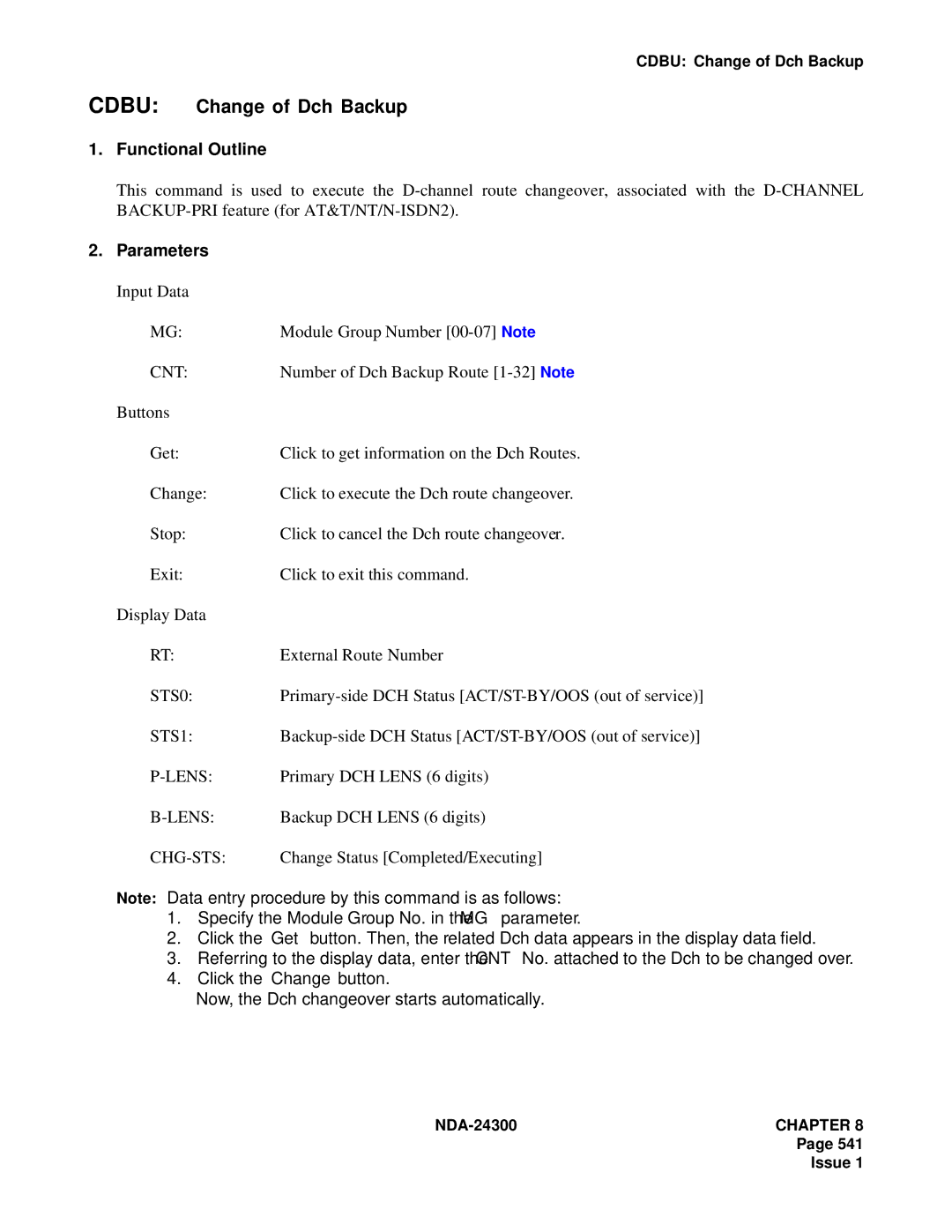 NEC NDA-24300 manual Cdbu Change of Dch Backup, Cnt, STS0, STS1, Chg-Sts 