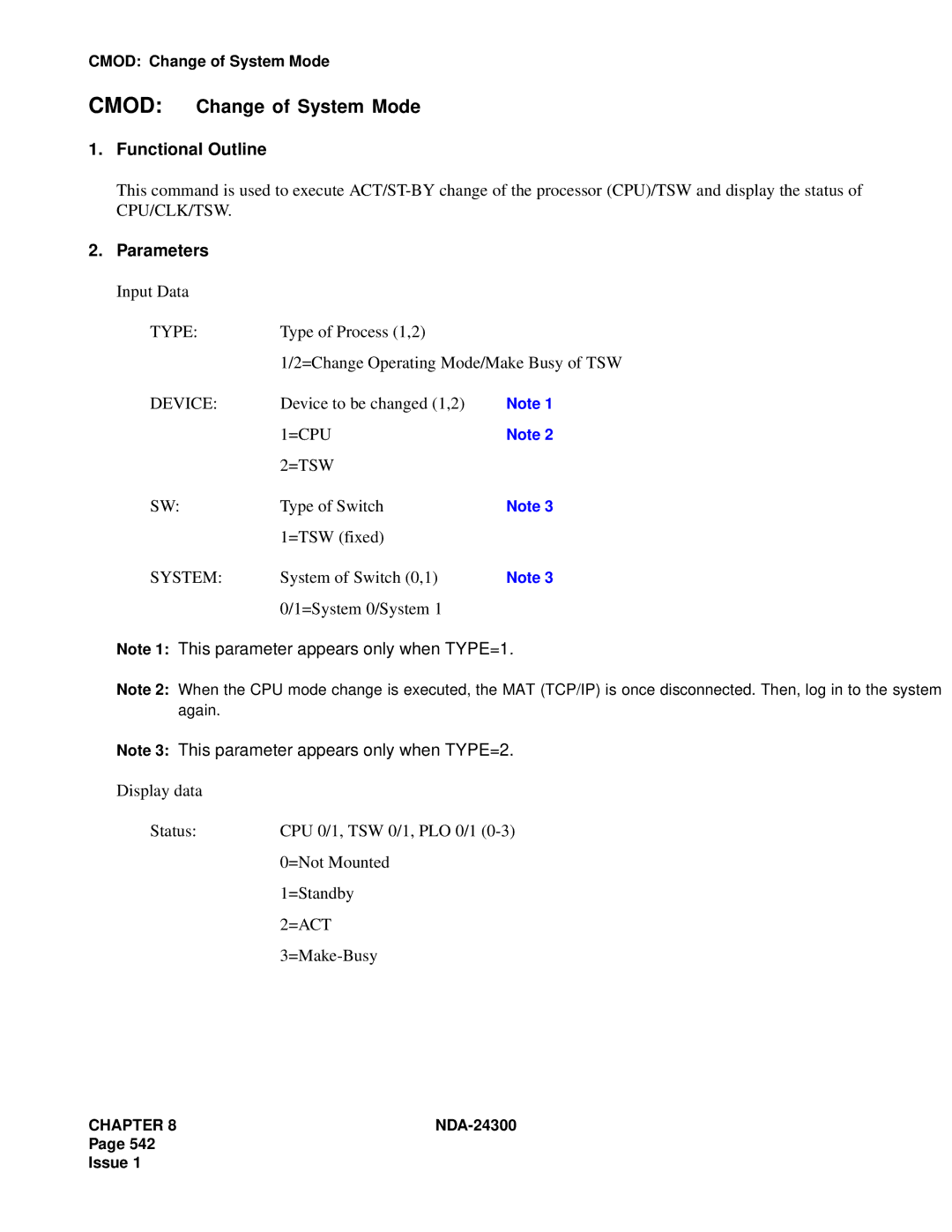 NEC NDA-24300 manual Cmod Change of System Mode, Device, =Cpu =Tsw, =Act 