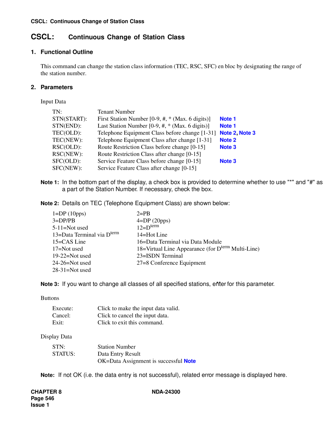 NEC NDA-24300 manual Cscl Continuous Change of Station Class 