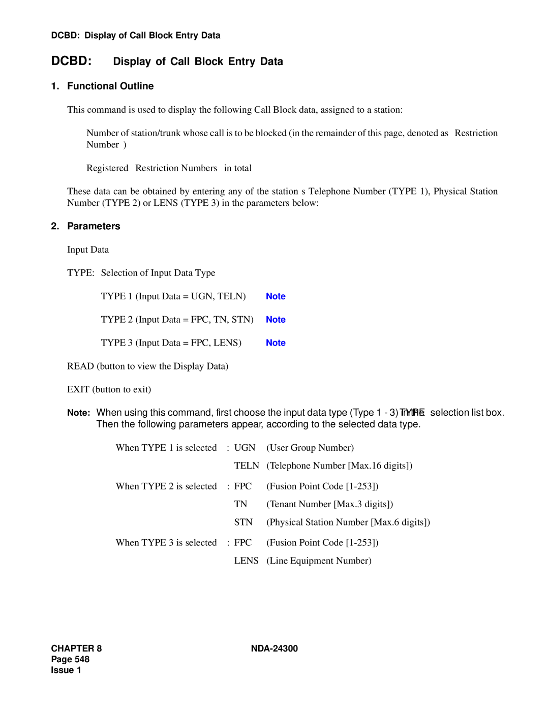 NEC NDA-24300 manual Dcbd Display of Call Block Entry Data 