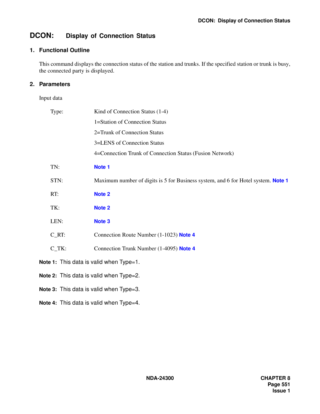 NEC NDA-24300 manual Dcon Display of Connection Status, Len Crt, Connection Route Number 1-1023 Note 