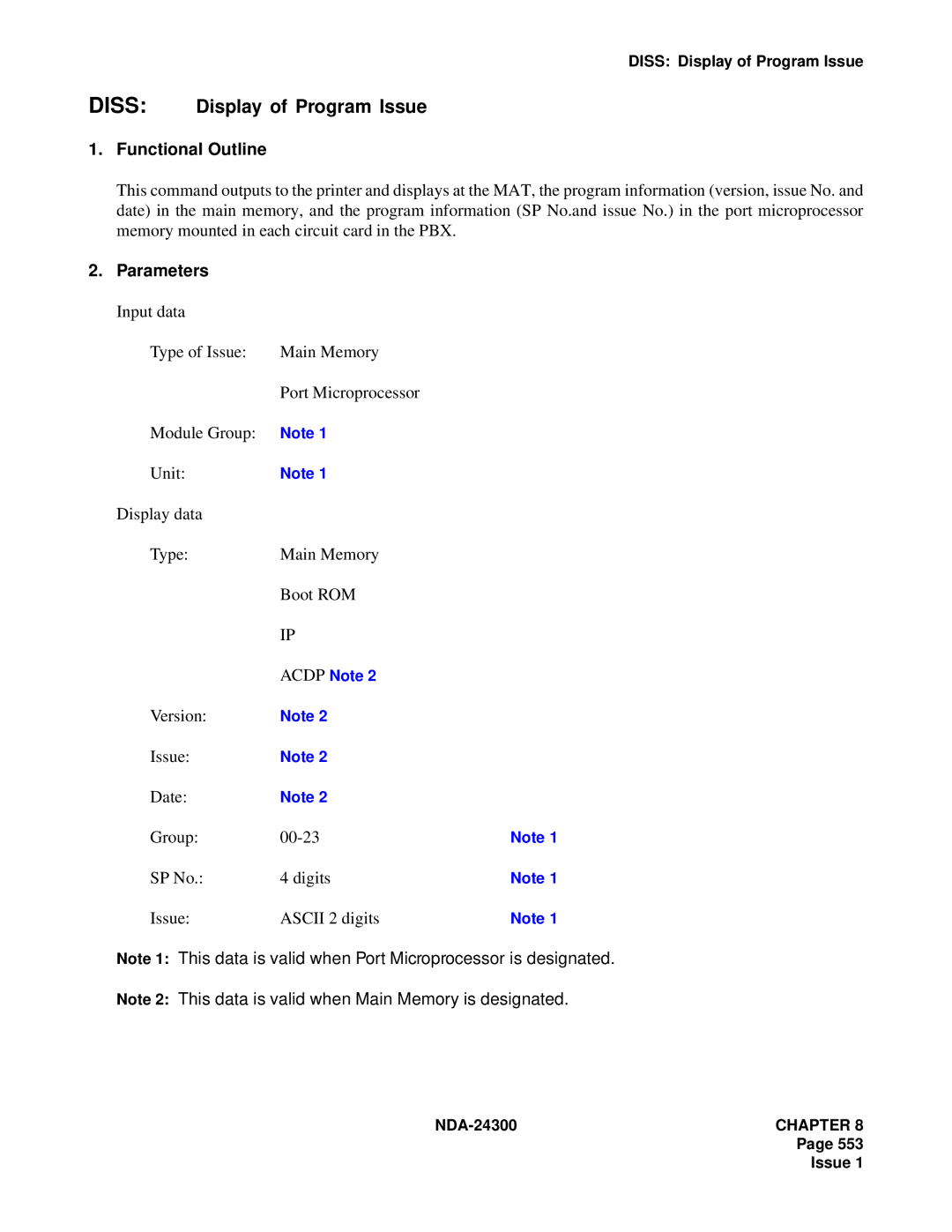 NEC NDA-24300 manual Diss Display of Program Issue, Version Issue Date Group 00-23 SP No Digits Ascii 2 digits 