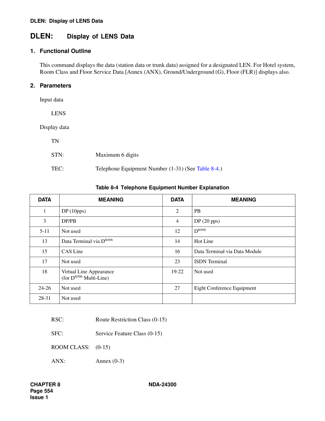 NEC NDA-24300 manual Dlen Display of Lens Data, Room Class ANX 