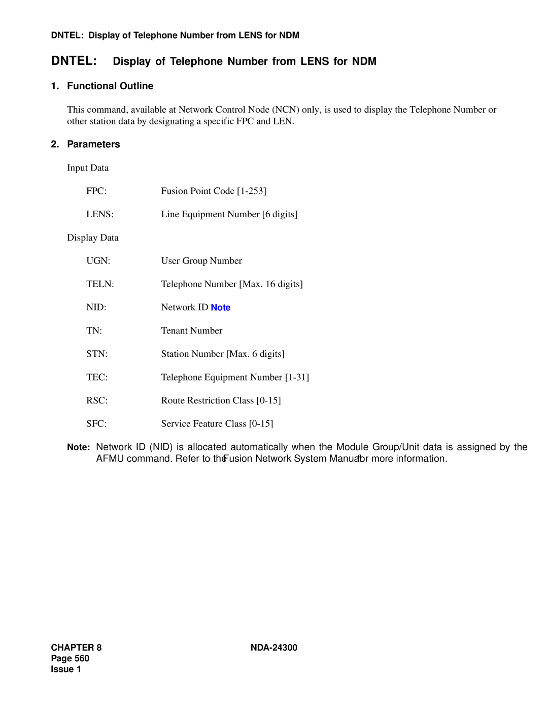 NEC NDA-24300 manual Dntel Display of Telephone Number from Lens for NDM, Nid, Network ID Note, Telephone Equipment Number 