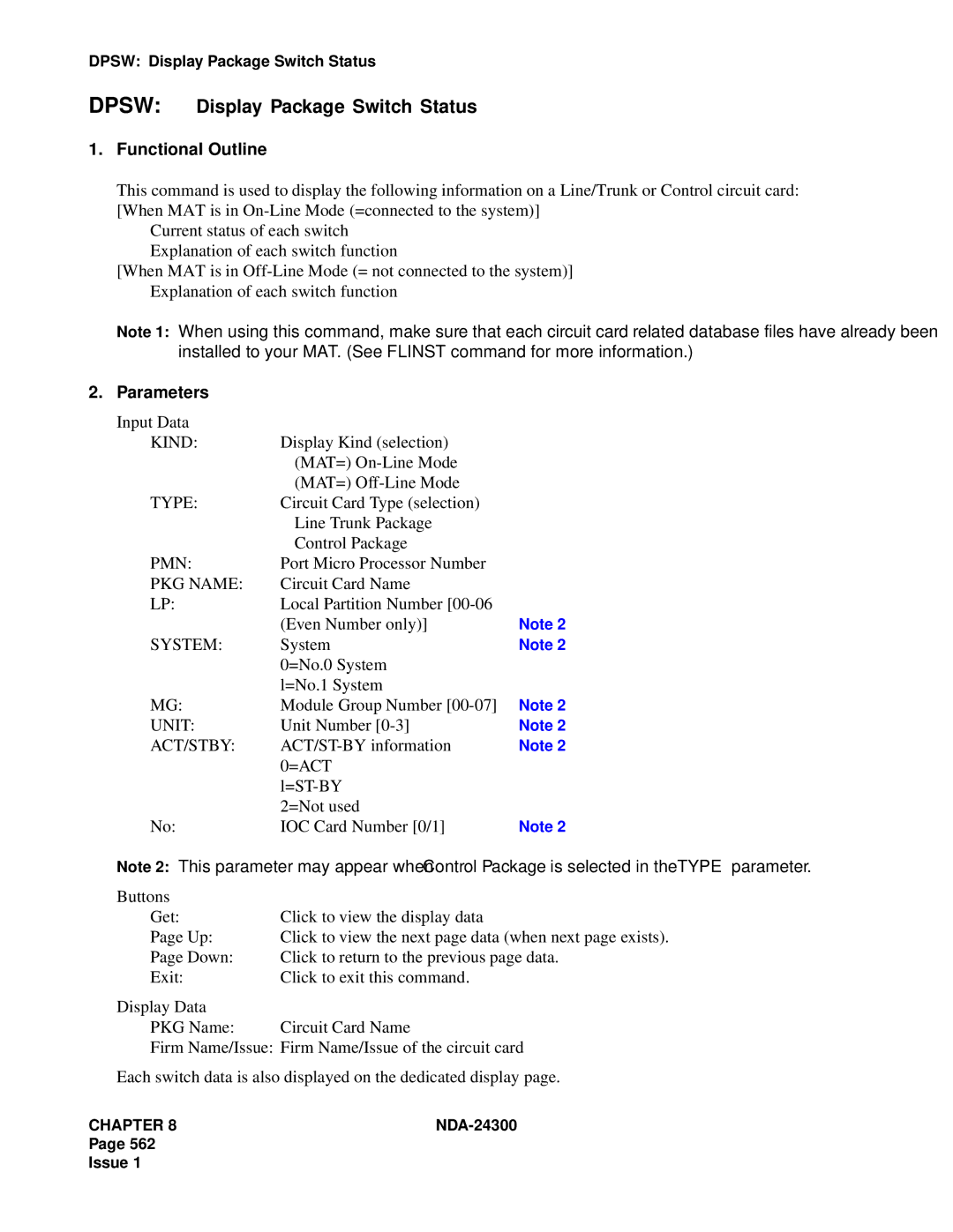 NEC NDA-24300 manual Dpsw Display Package Switch Status, Kind, Pmn, PKG Name, Act/Stby 