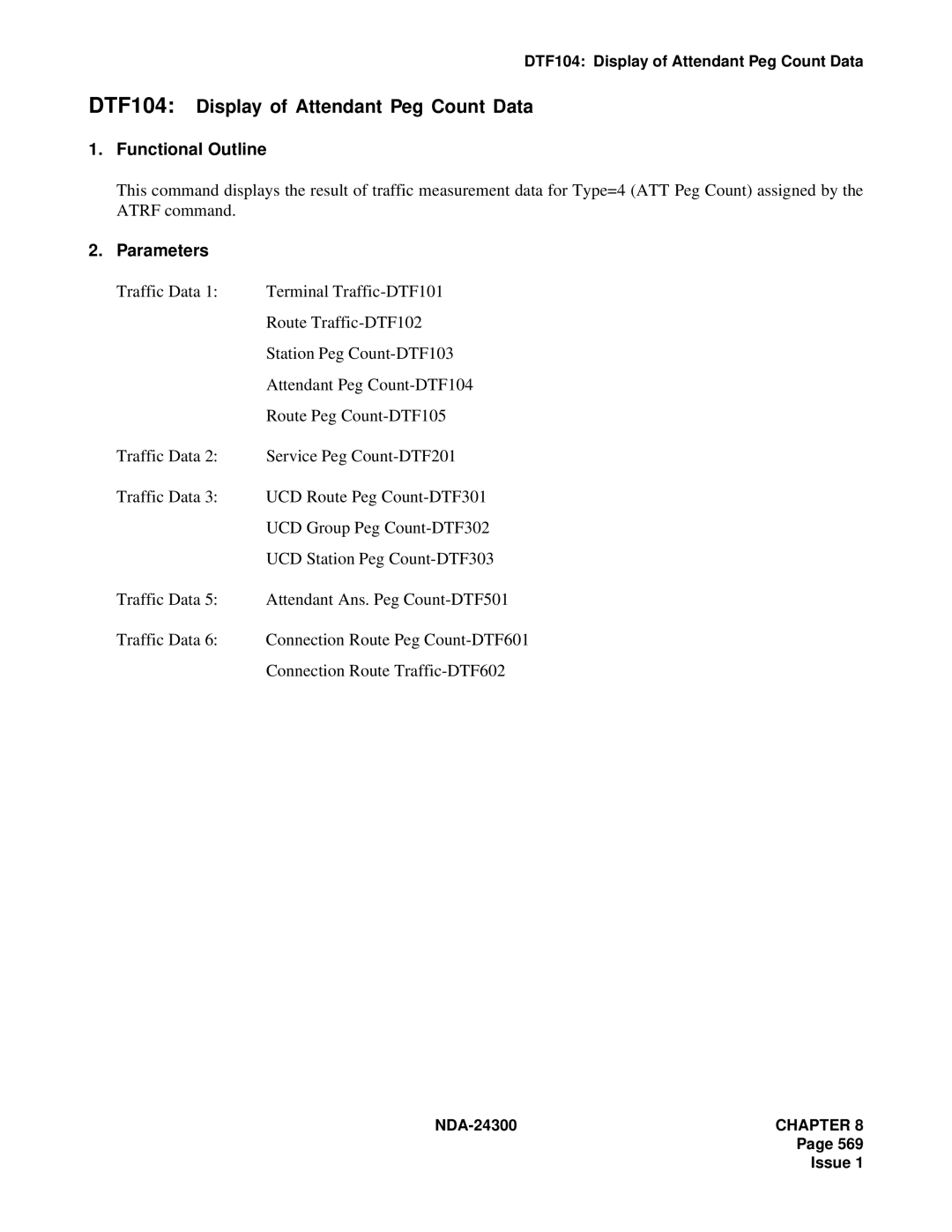 NEC NDA-24300 manual DTF104 Display of Attendant Peg Count Data 