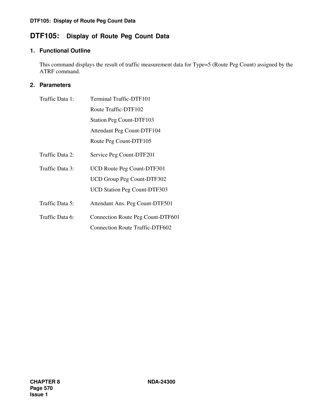 NEC NDA-24300 manual DTF105 Display of Route Peg Count Data 